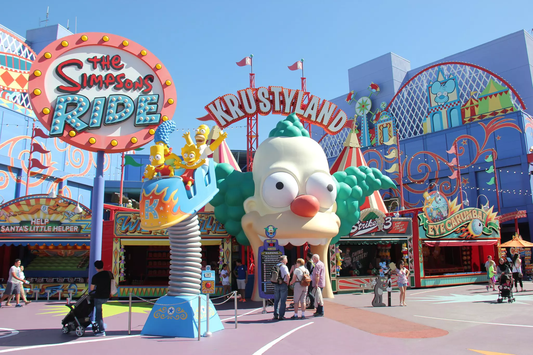 The Simpsons Ride, located on upper lot of Universal Studios Hollywood, is a family friendly simulator adventure through Springfield.