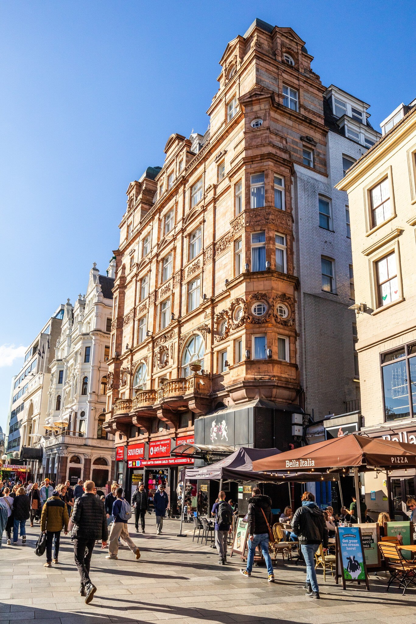 View of buildings on Leicester Square in London, UK.