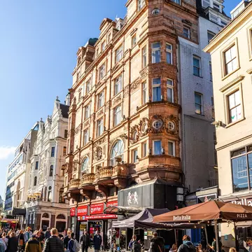 View of buildings on Leicester Square in London, UK.