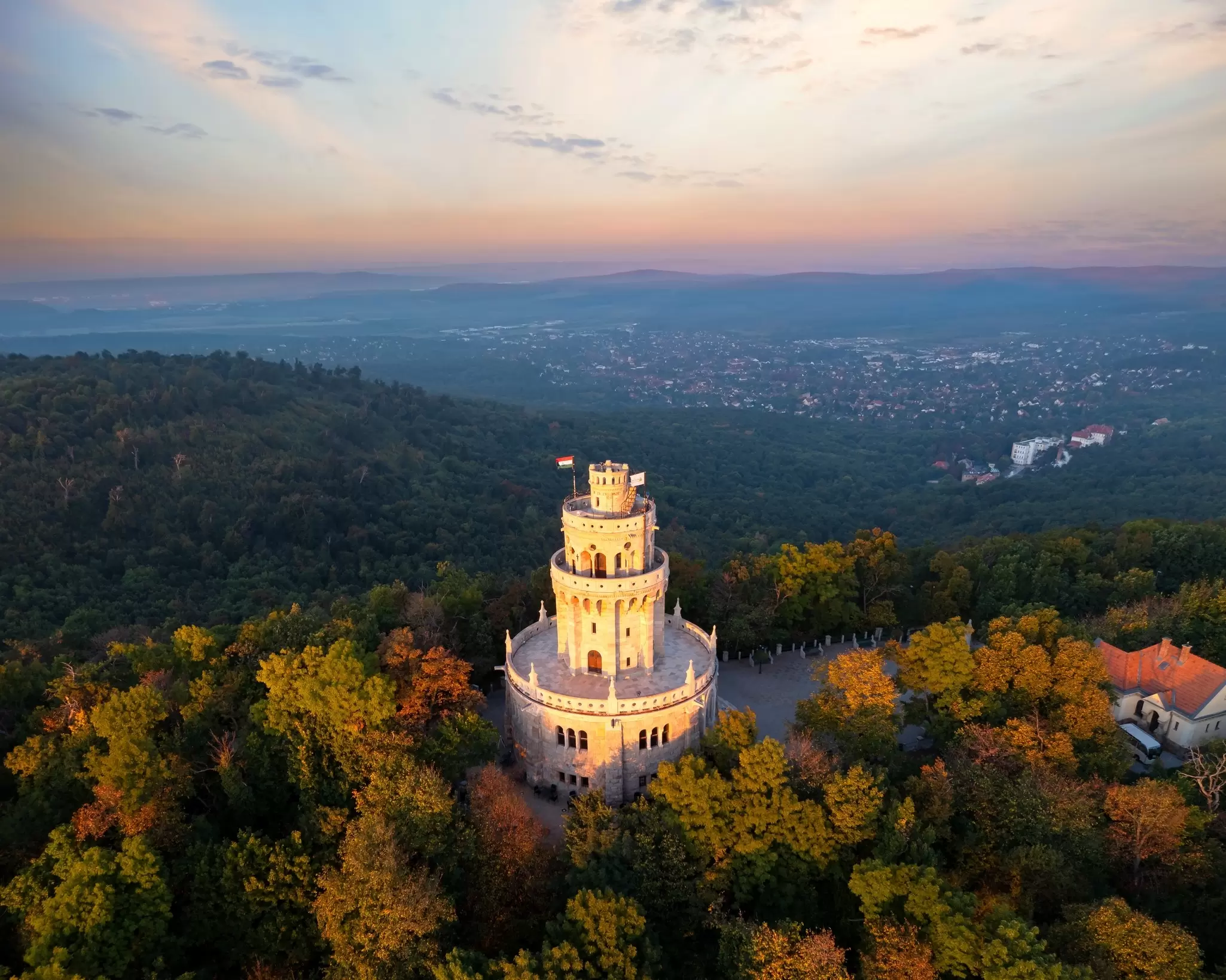 Aerial view of the Elizabeth Tower in Normafa in Budapest, Hungary.