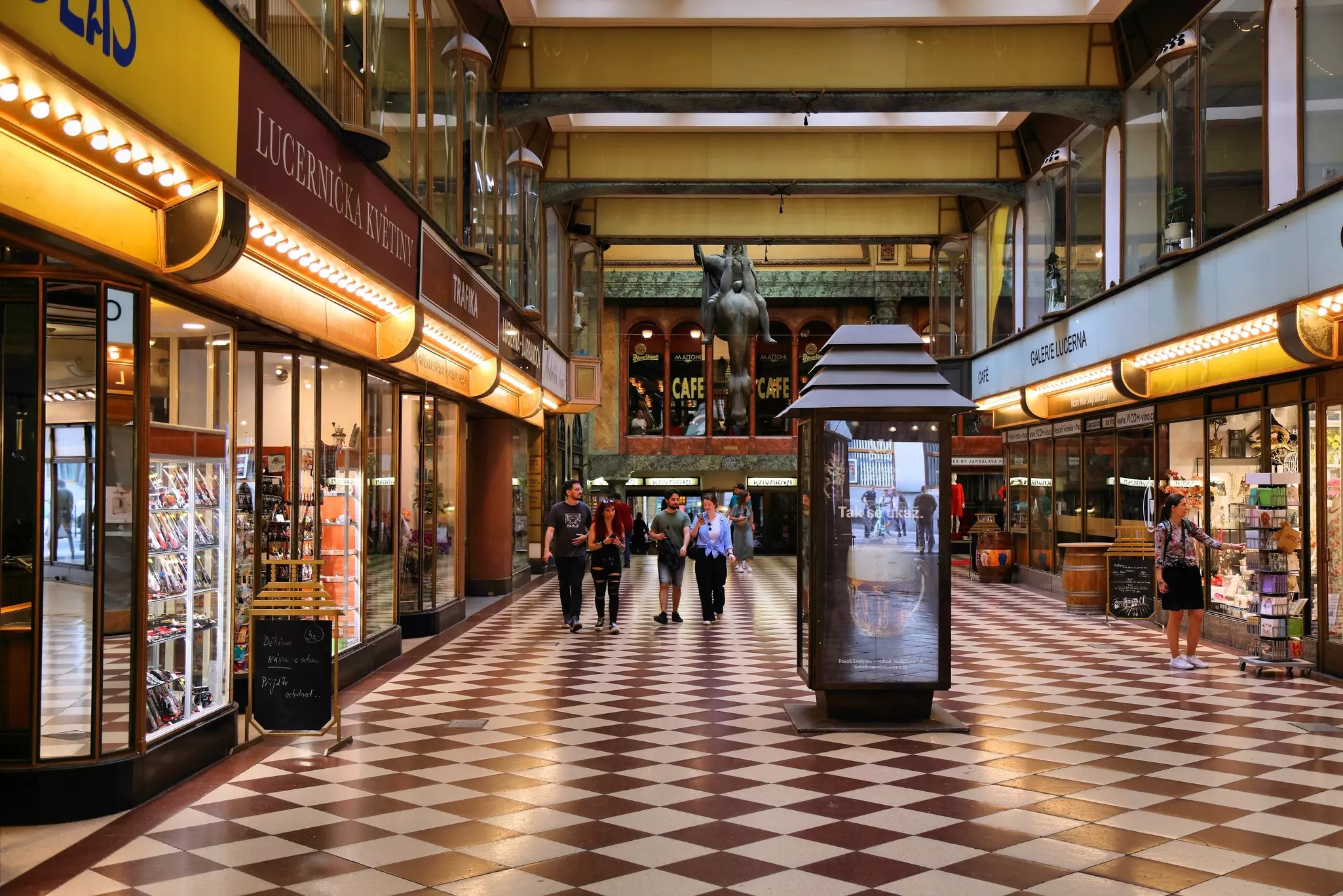 People visiting Lucerna Palace entertainment complex in Nové Město (New Town)