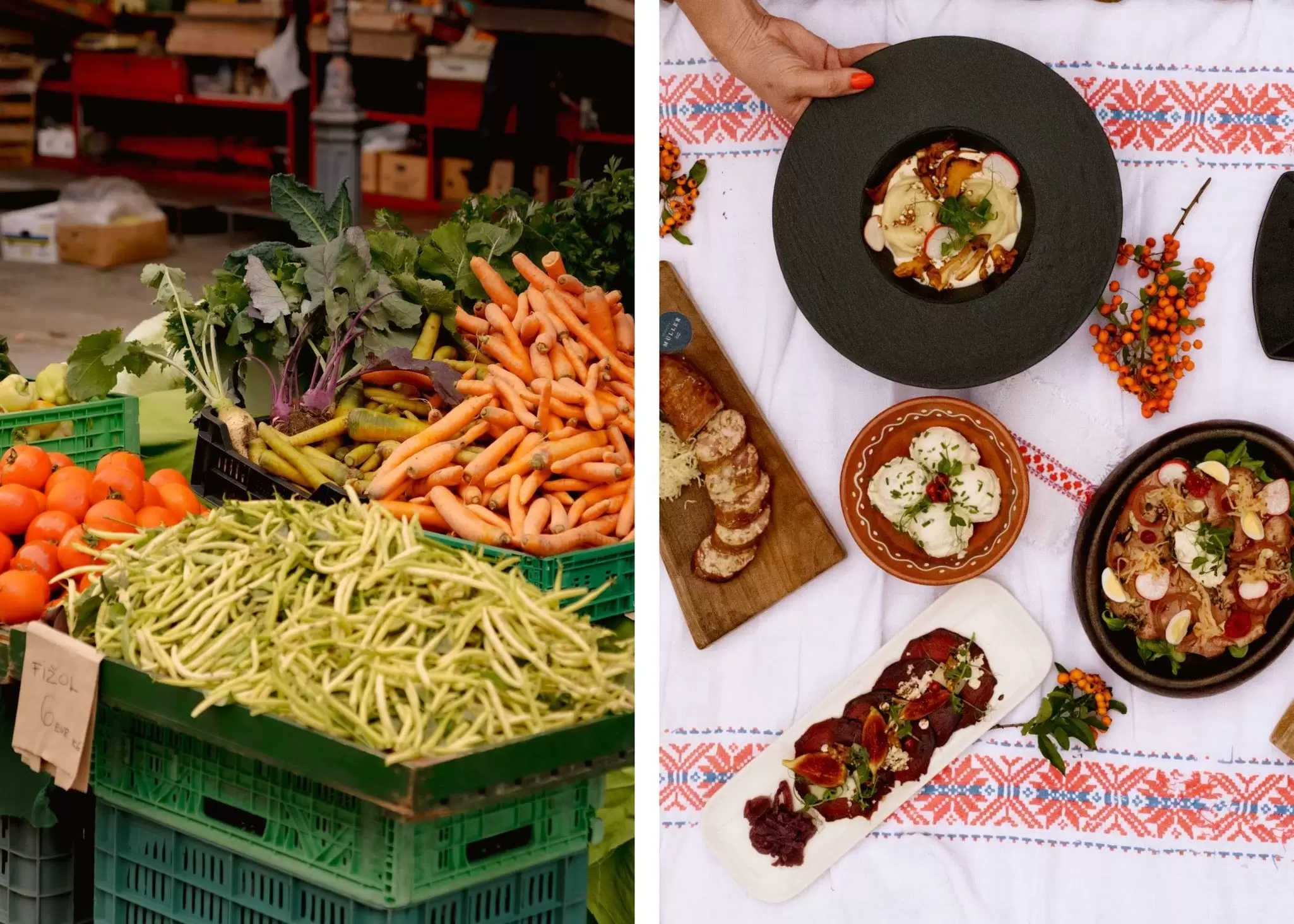 USE THIS FOR DYPTICHS - 1
**For Slovenia partnerships article
Left: Produce at Ljubljana’s Central Market. Right: A traditional meal at a restaurant in Bela Krajina. Martin Pauer for Lonely Planet (2)