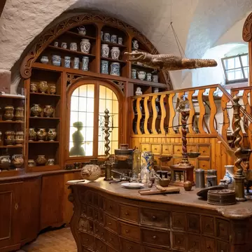 Interior of a traditional apothecary room with wooden counters, shelves and a hanging crocodile at the German Pharmacy Museum in Heidelberg, Germany.