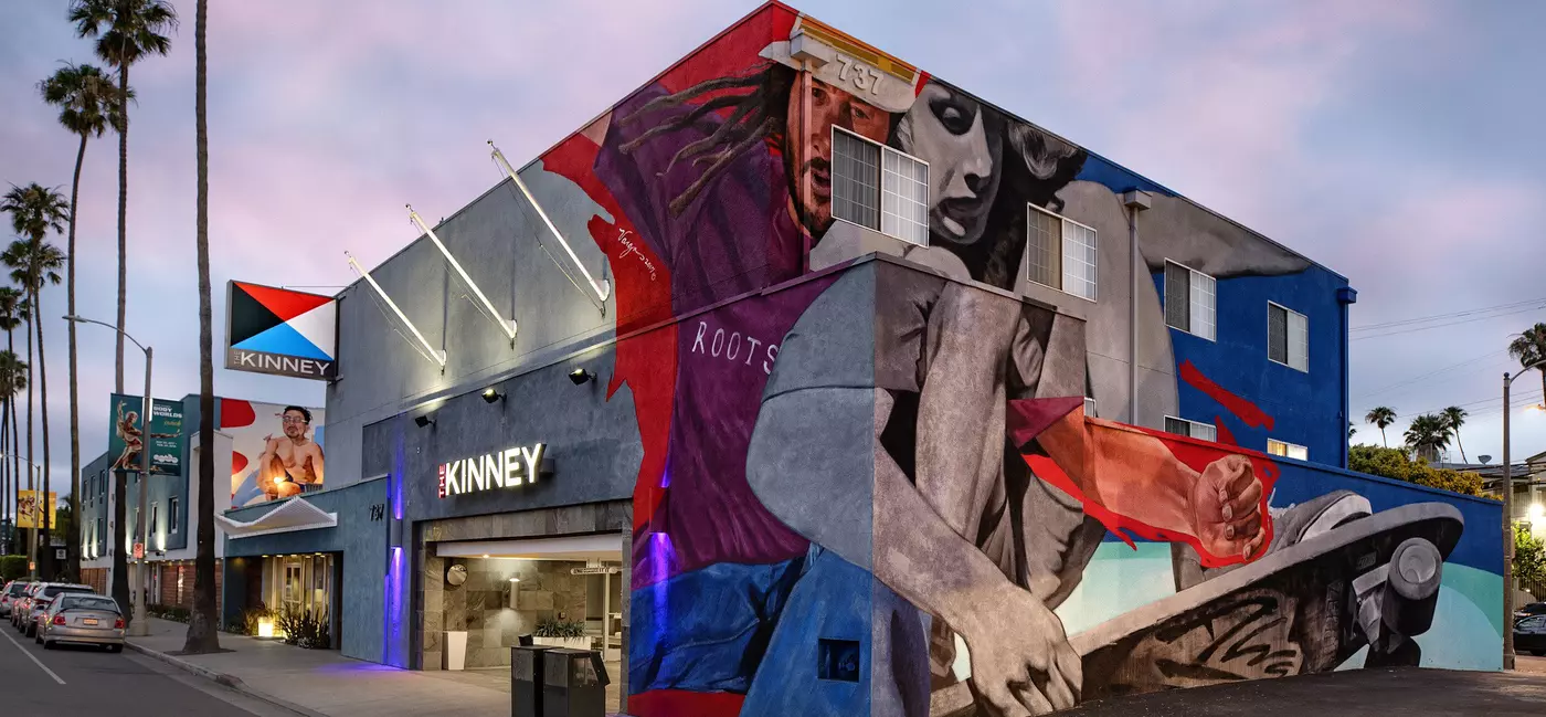 Colorful exterior of The Kinney, a hotel in Venice, LA