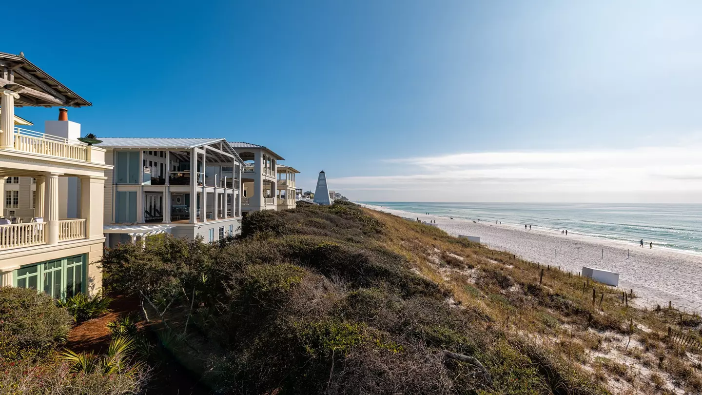High angle view from wooden pavilion gazebo by beach at Gulf of Mexico at Seaside