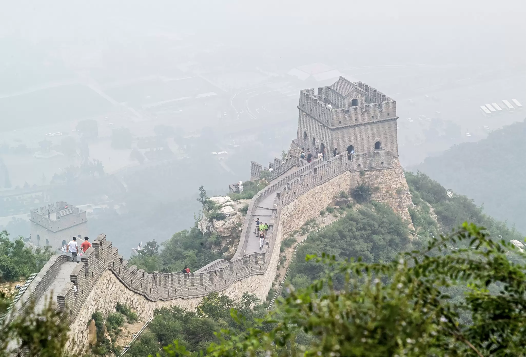 Aerial view of the Great Wall of China at Badaling in misty weather.