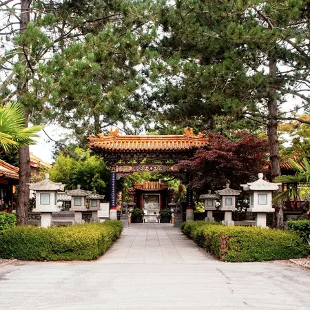 Pagoda in  Chinese gardens at the International Buddhist Temple located in Richmond, British Columbia, Canada