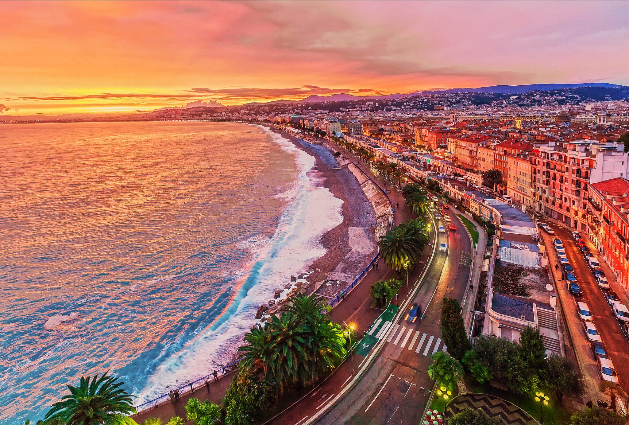 Aerial view of the beach at sunset in Nice, France.