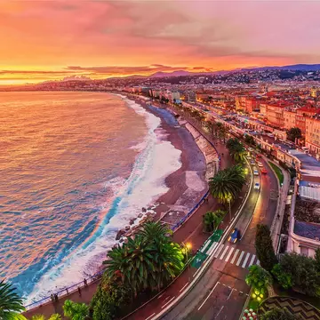 Aerial view of the beach at sunset in Nice, France.