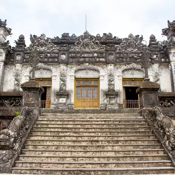 Hue, Vietnam - March 16, 2021: Hue, Vietnam - March 16, 2021: Facade View Of Tomb Of Emperor Khai Dinh. Tomb Of Emperor Khai Dinh Is A Part Of The Complex Of Hue Monuments.
