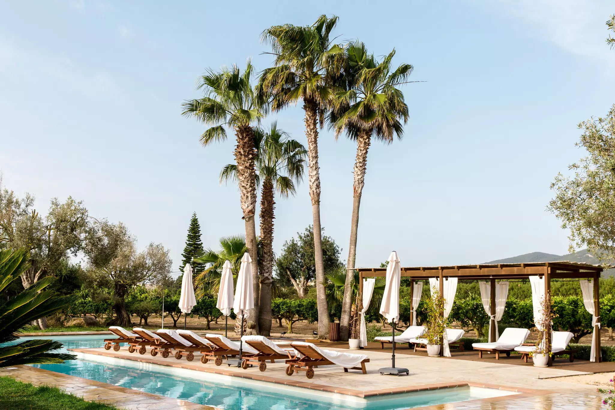 A boutique hotel outdoor terrace. Wooden deckchairs topped with plush white cushions overlook a calm swimming pool.