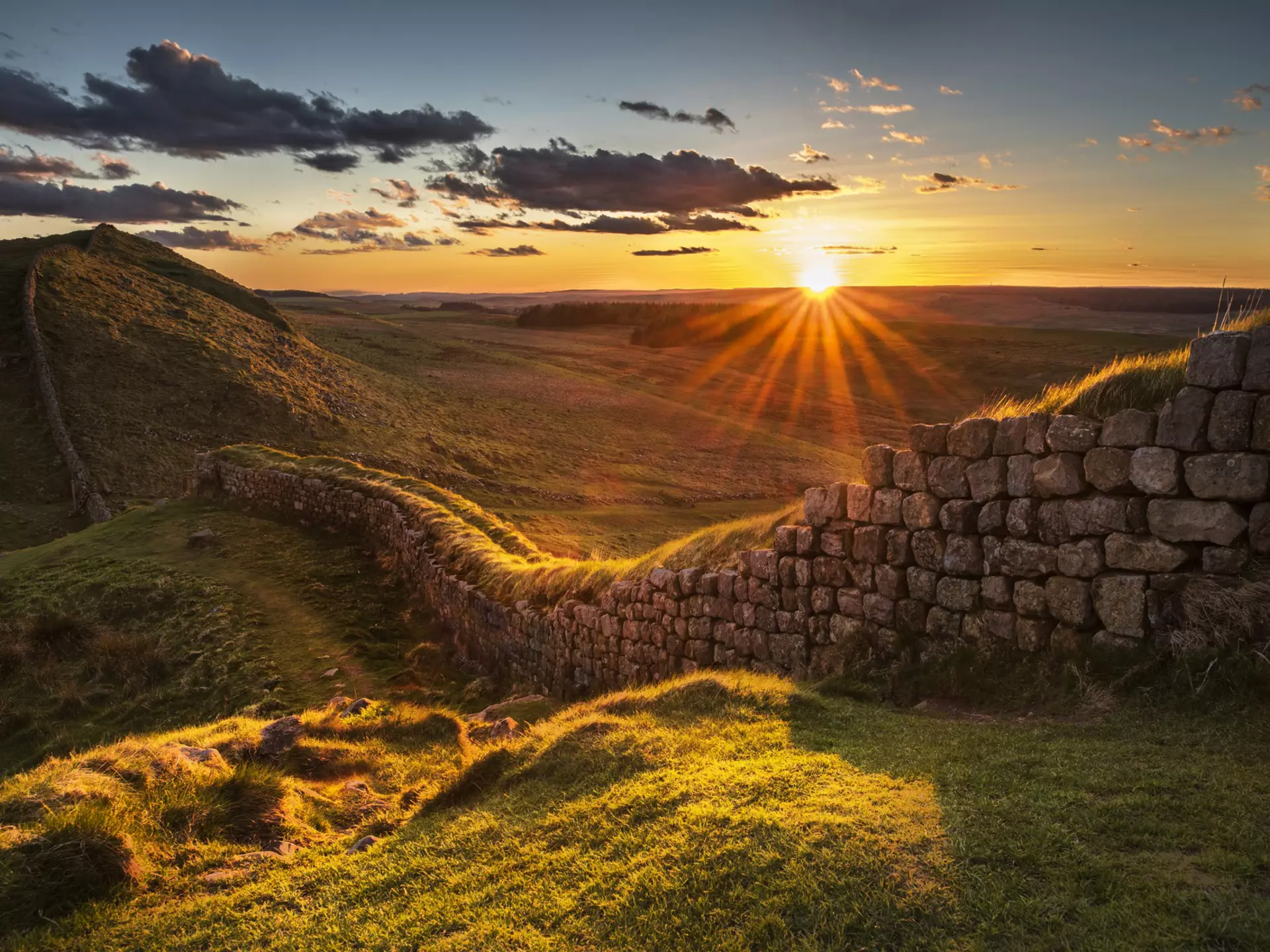 Sunset over Rapishaw Gap on Hadrian's Wall, Northumberland, England.