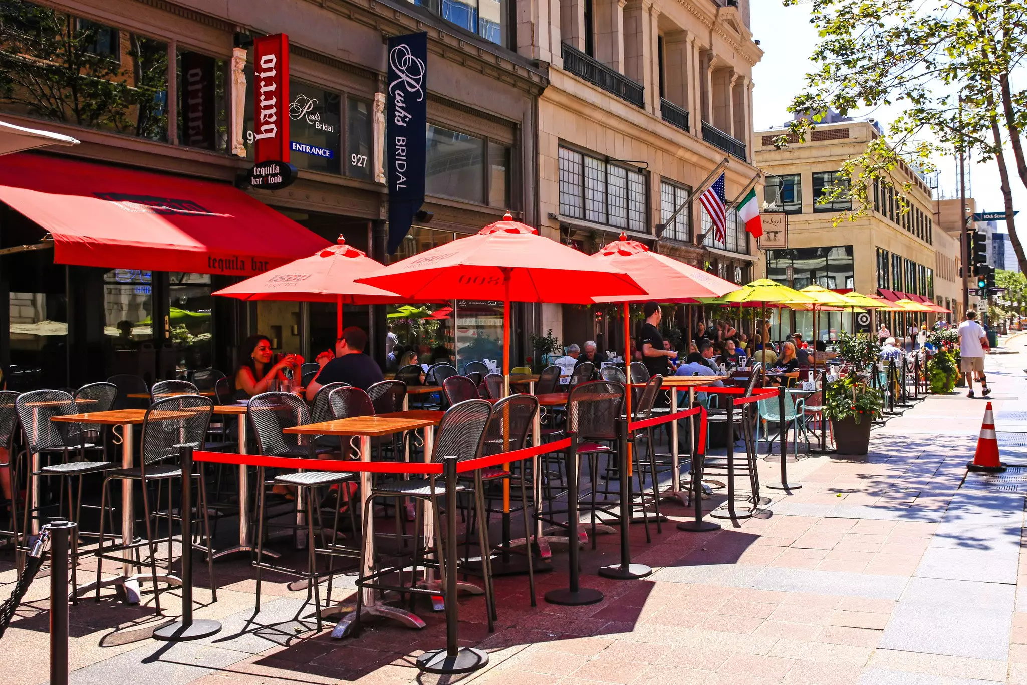 People dining outside a restaurant on Nicollet Mall street in downtown Minneapolis.