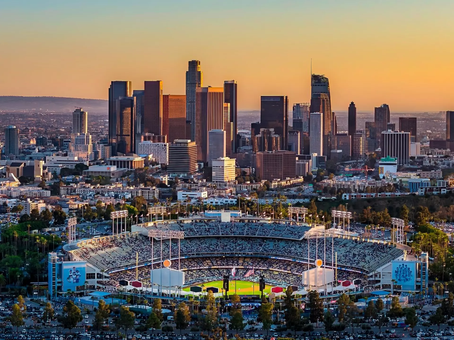 Los Angeles skyline with Dodgers Stadium in foreground