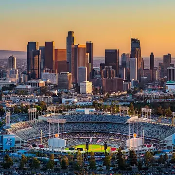Los Angeles skyline with Dodgers Stadium in foreground
