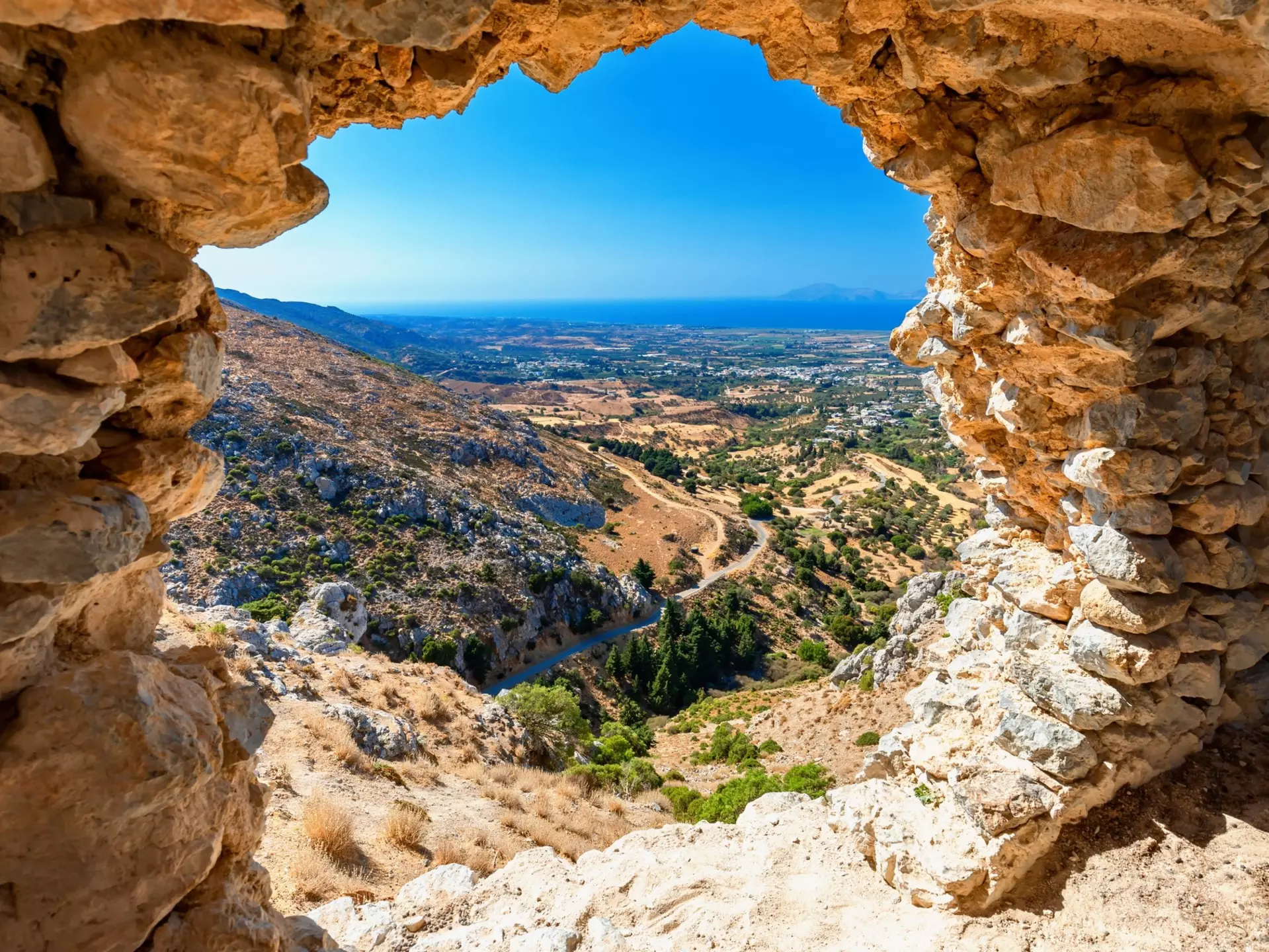 View from the ruins of Pyli Castle to the sea on the island of Kos in Greece.