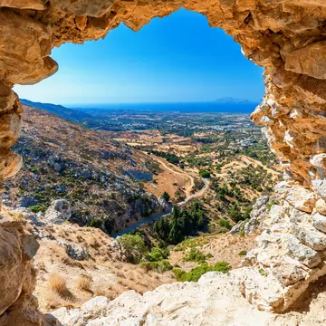 View from the ruins of Pyli Castle to the sea on the island of Kos in Greece.
