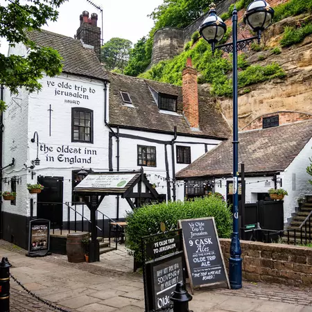 The medieval white-washed Ye Olde Trip to Jerusalem Pub in Nottingham.