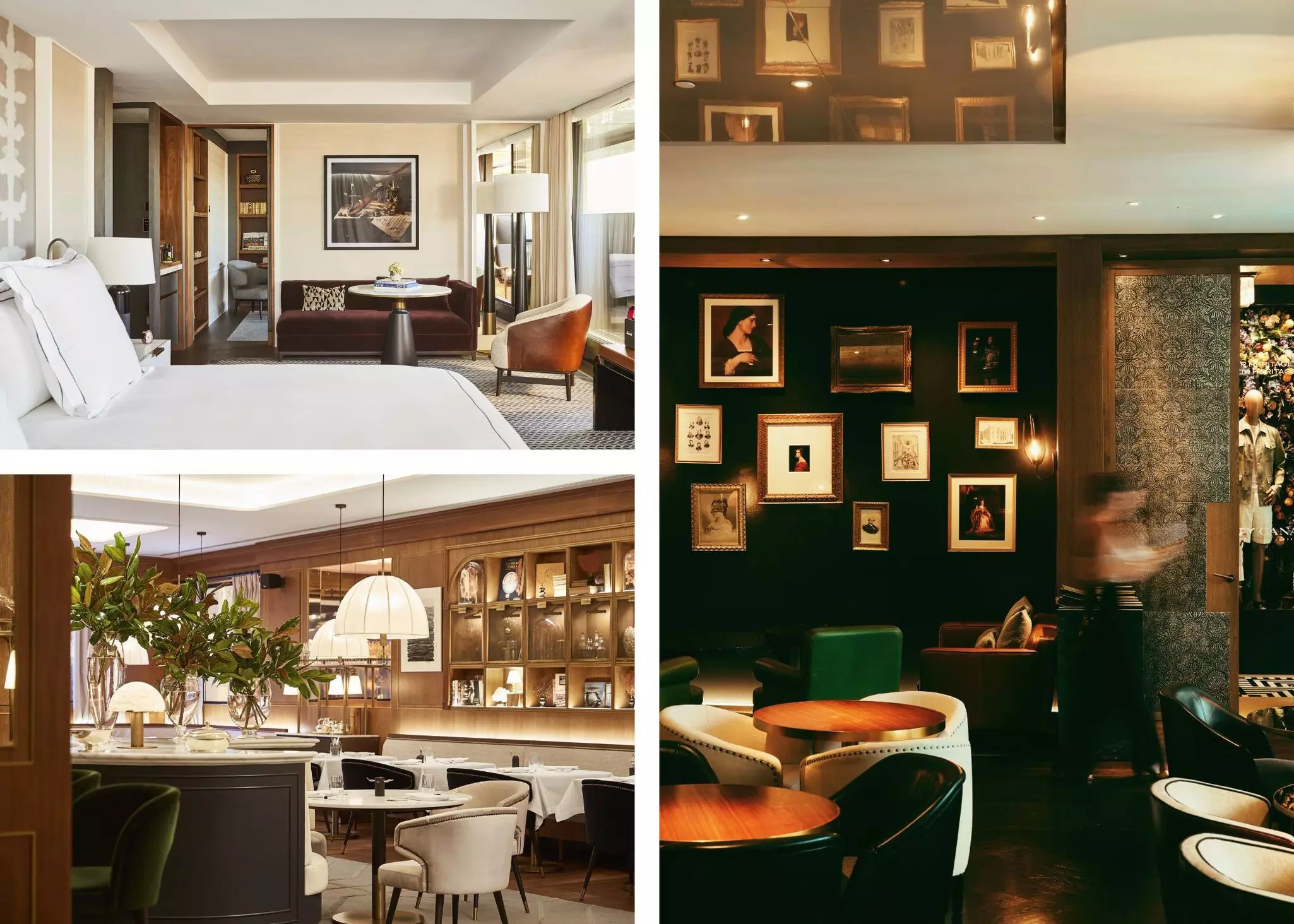 Top left: A luxurious hotel suite bedroom with modern furniture. Right: A cozy bar with historic art on the walls. Bottom left: An upscale restaurant with wood-paneled walls