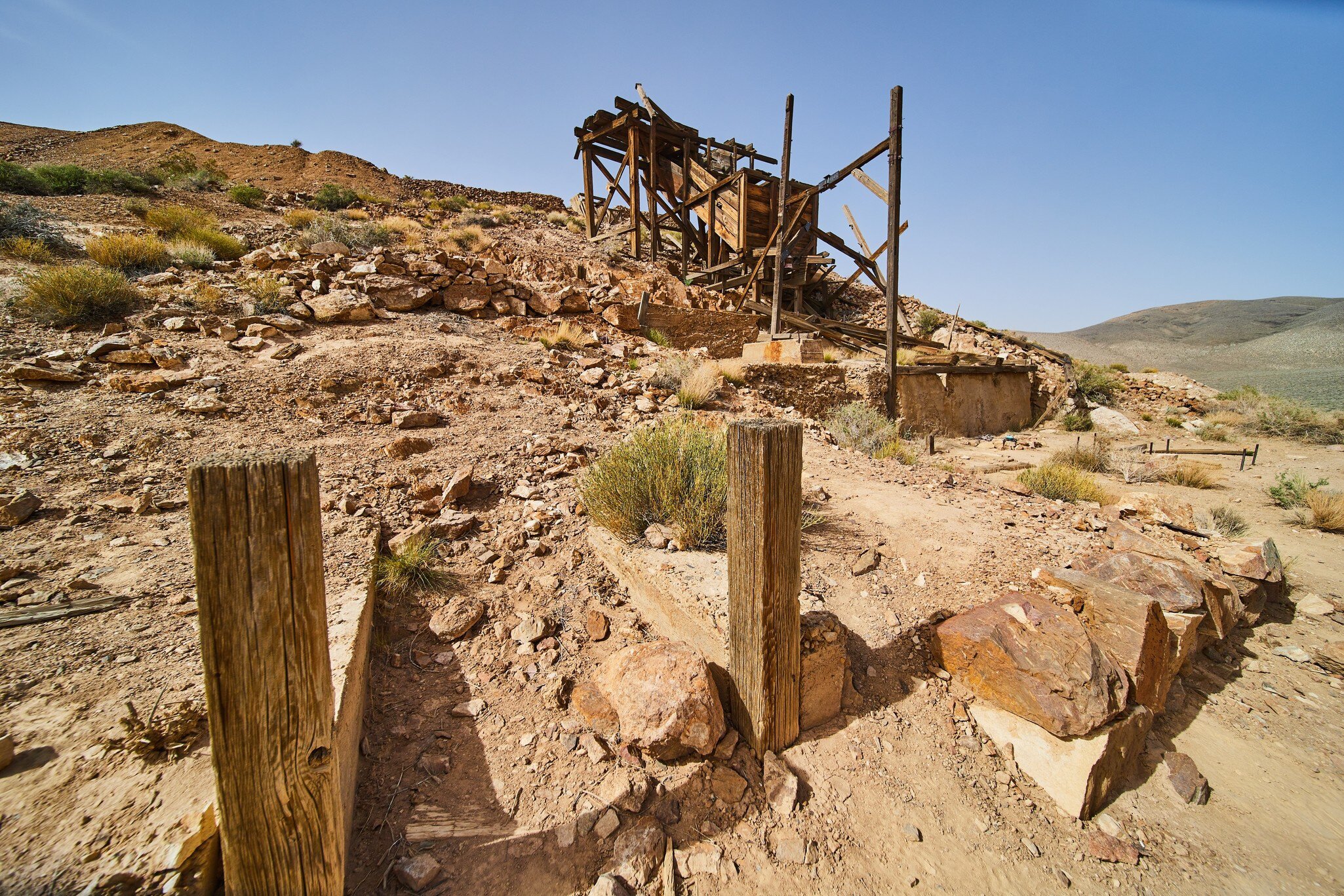 Entrance to Eureka Mine and its abandoned equipment in Death Valley National Park, California.