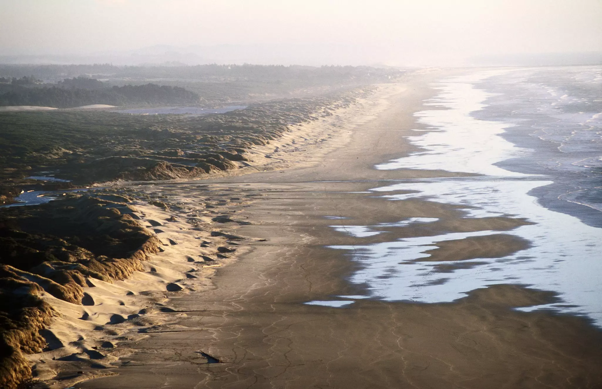 A wide beach with the tide out is backed by large sand dunes.