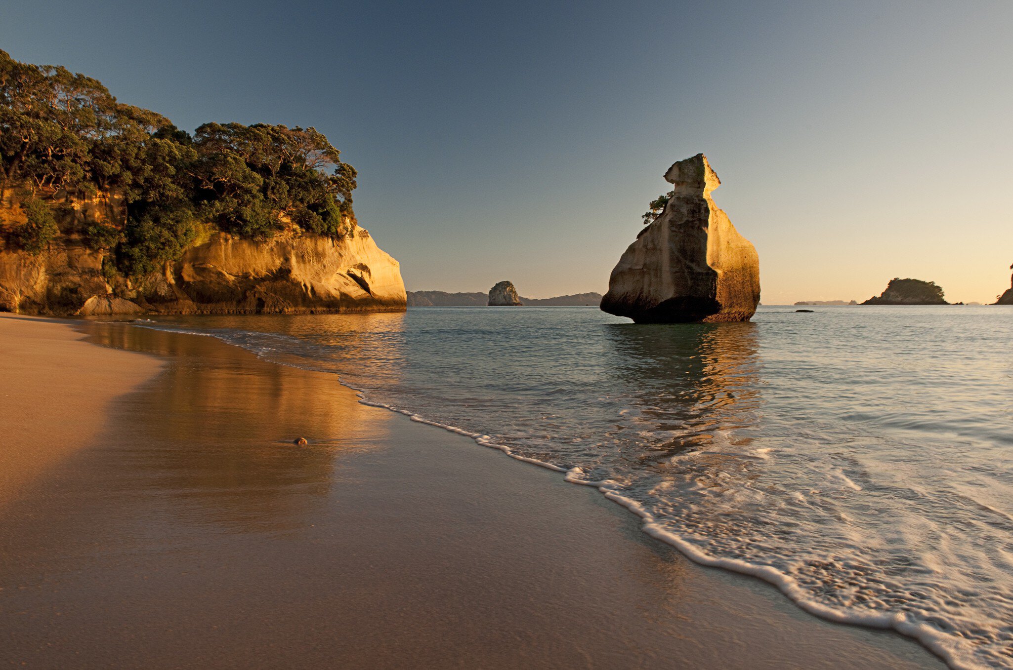 Sandy beach with gentle surf, a tall sandstone rock stack offshore and a bush-topped golden cliff under a clear sky.