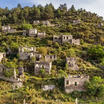 Historical Lycian village of Kayakoy, Fethiye, Mugla, Turkey. Ghost Town Kayakoy, anciently known as Lebessos and Lebessis. Abondoned Greek and turkish village.