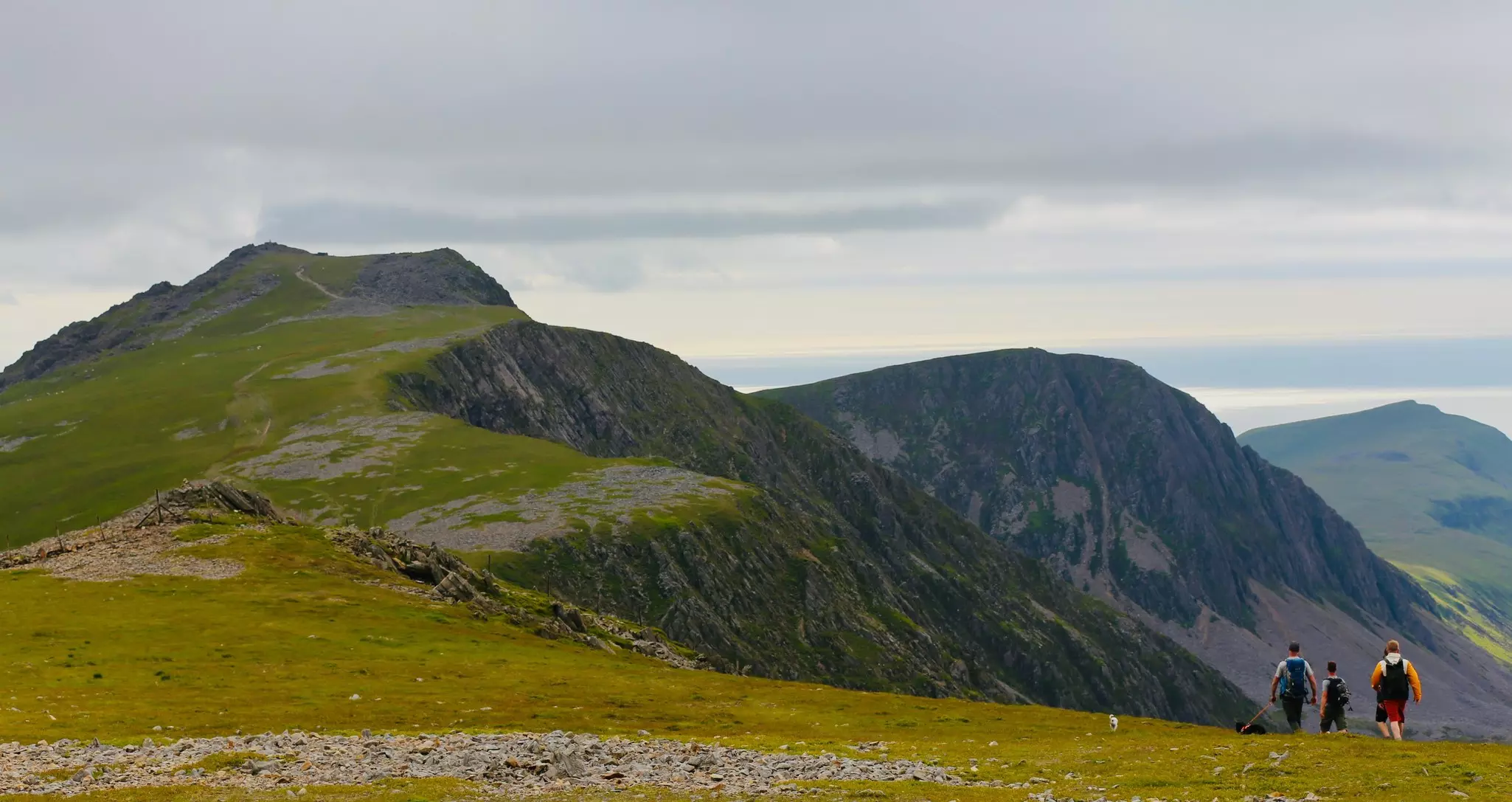 Three people and a dog walking along a high ridge toward mountains on a cloudy day.