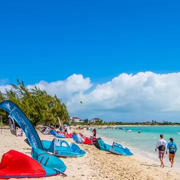 Kiteboarding on the Long Bay Beach, on the southeast side of Providenciales in the Turks and Caicos Islands.