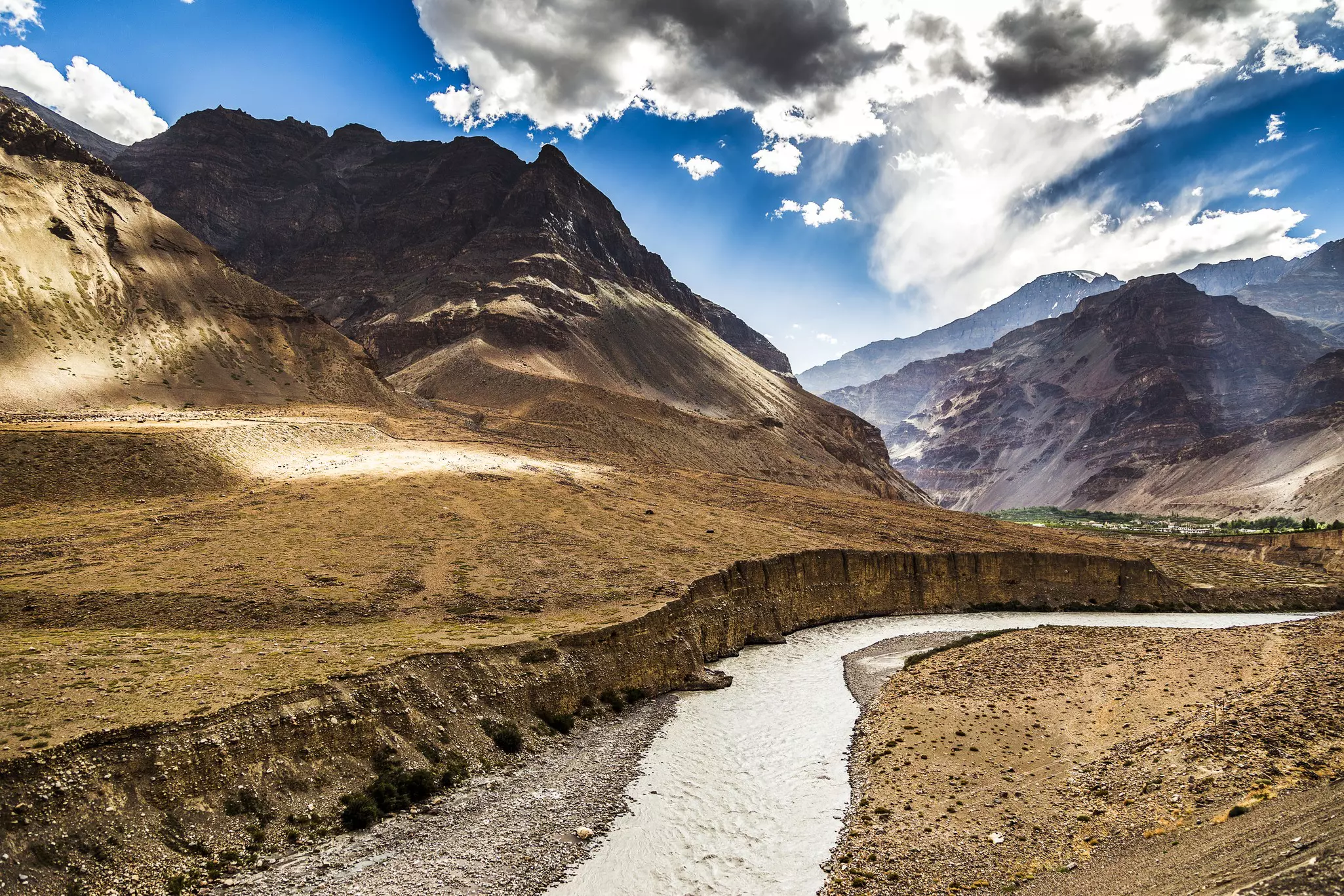 Spiti River in the Spiti Valley, Himachal Pradesh. The high altitude desert in the Himalayas' lack of rain and snow melt, causes erosion and presents a startling landscape.