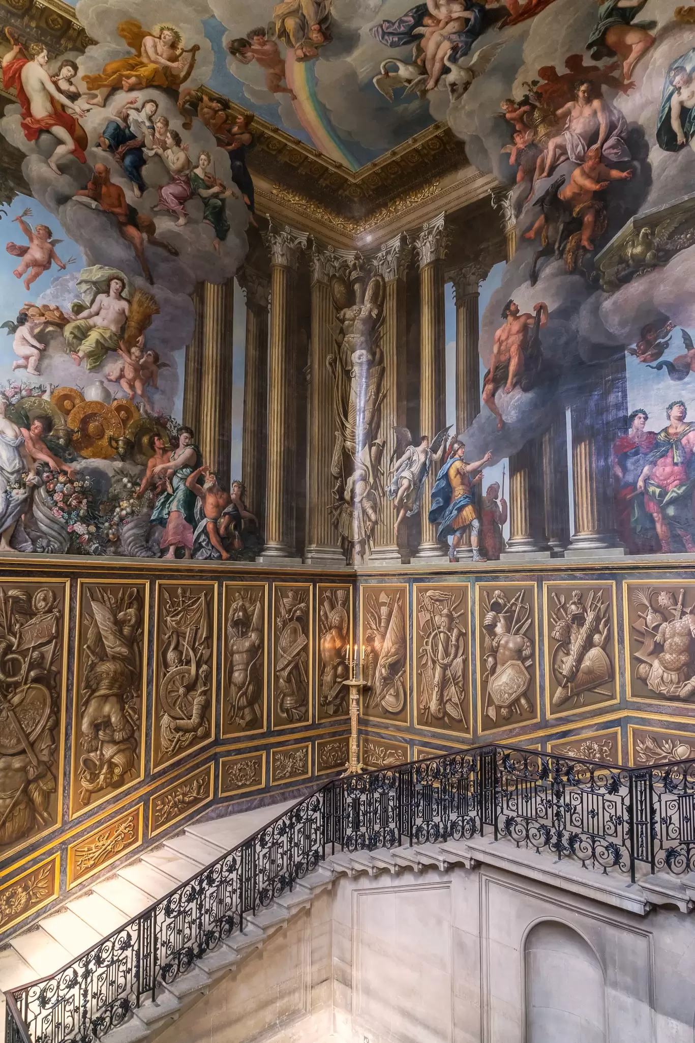 View of a staircase at Hampton Court Palace in London, UK.