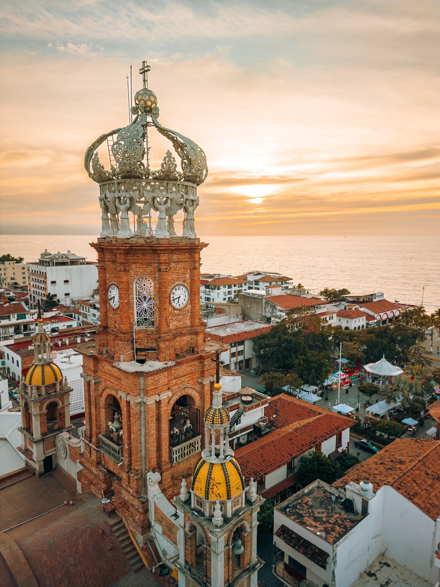 Aerial view of The Church of Our Lady of Guadalupe in Puerto Vallarta, Mexico, during sunset.