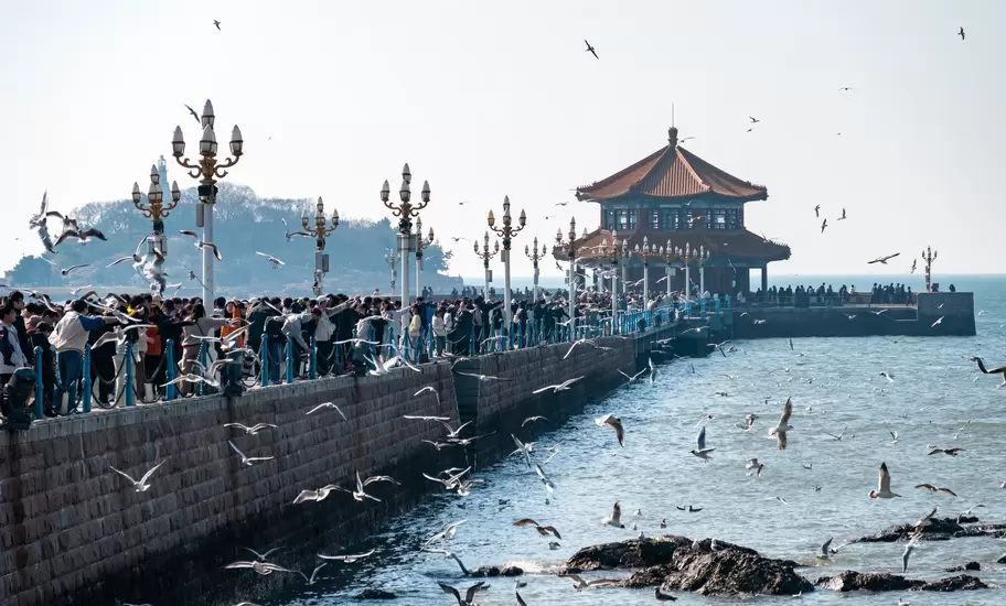 Crowds feed seagulls along Zhanqiao Pier in Qingdao, leading to the red-roofed Huilan Pavilion over the sea