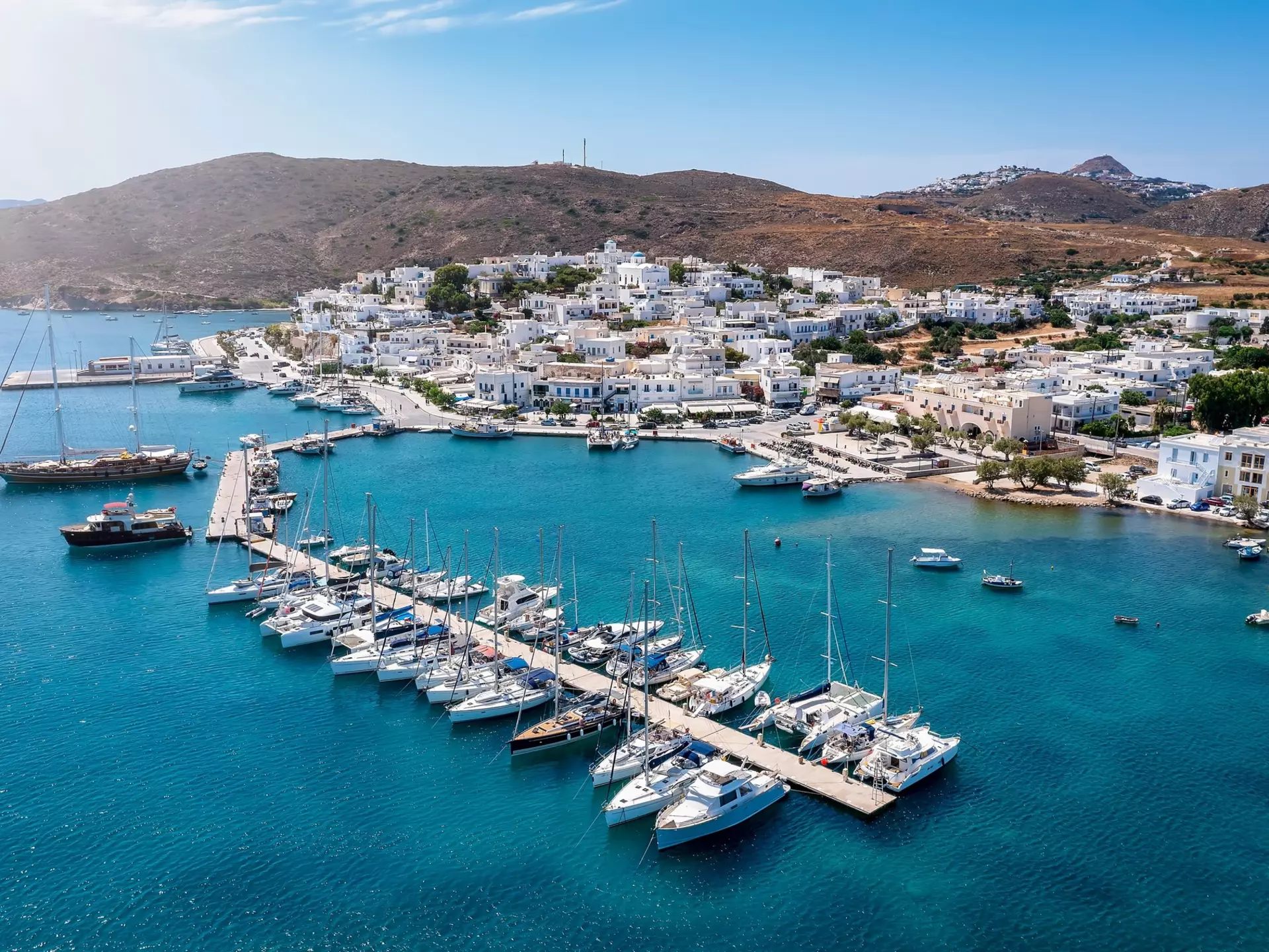 An aerial view of the port town of Adamas, Milos. Sven Hansche/Shutterstock