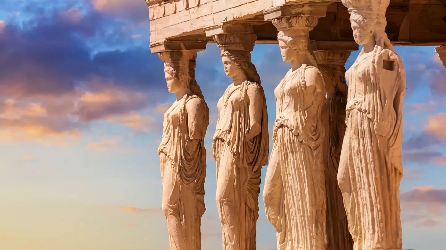 Detail,Of,Caryatid,Porch,On,The,Acropolis,Uring,Colorful,Sunset