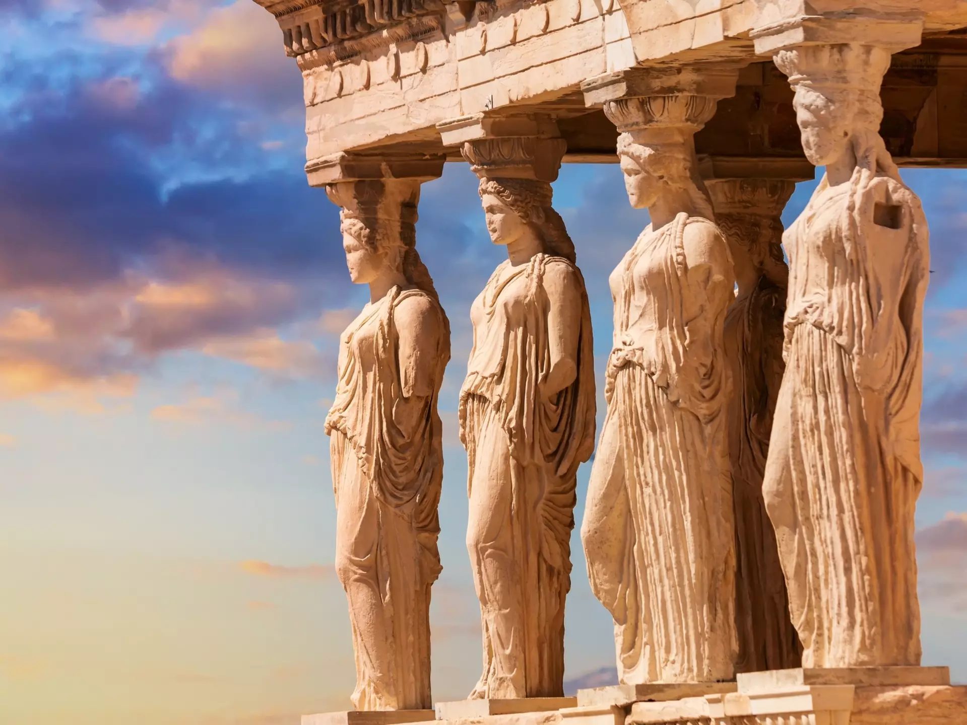 Detail,Of,Caryatid,Porch,On,The,Acropolis,Uring,Colorful,Sunset