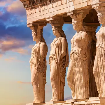 Detail,Of,Caryatid,Porch,On,The,Acropolis,Uring,Colorful,Sunset