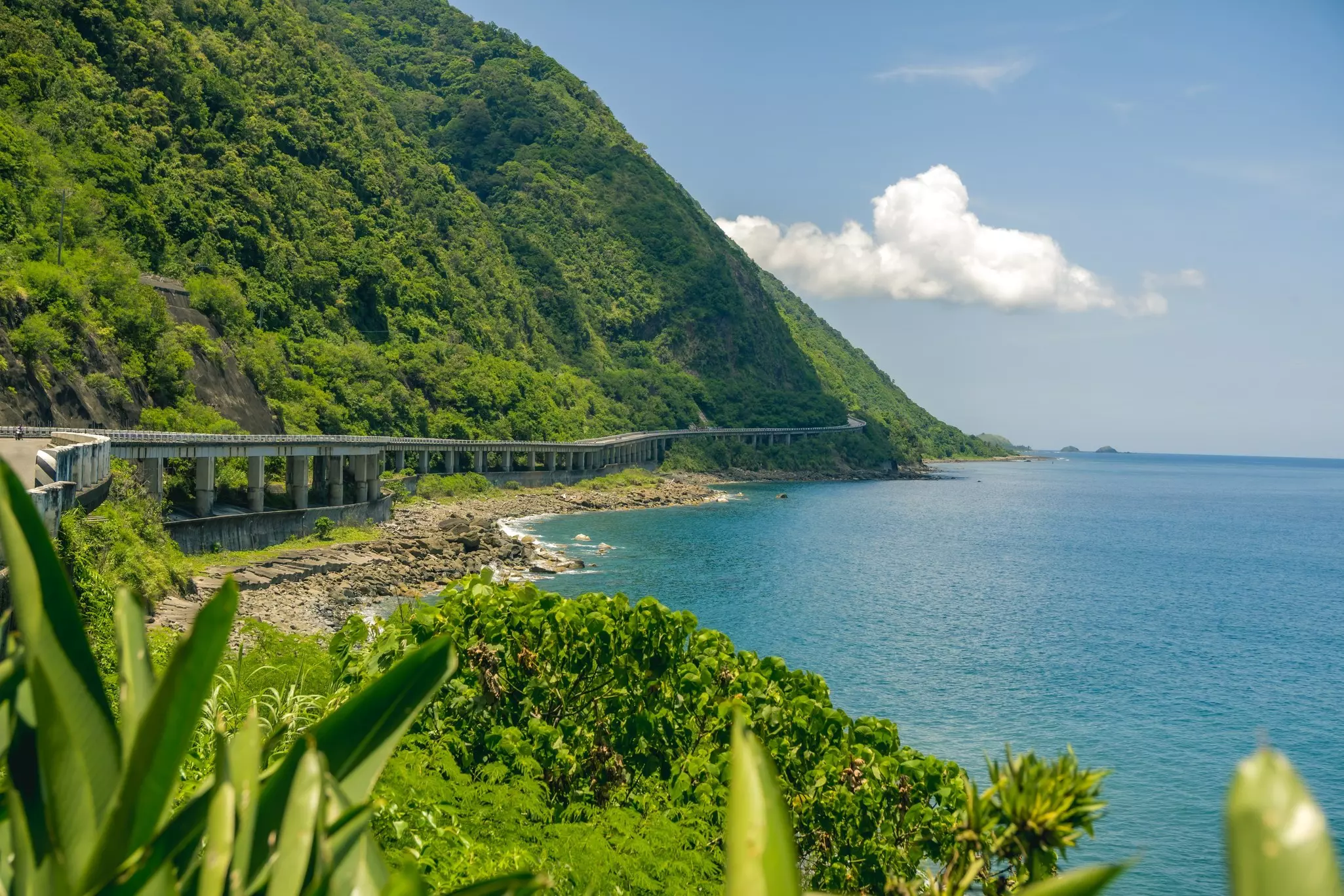 A road built on stilts to hug the coastline between the ocean and the steep hills.