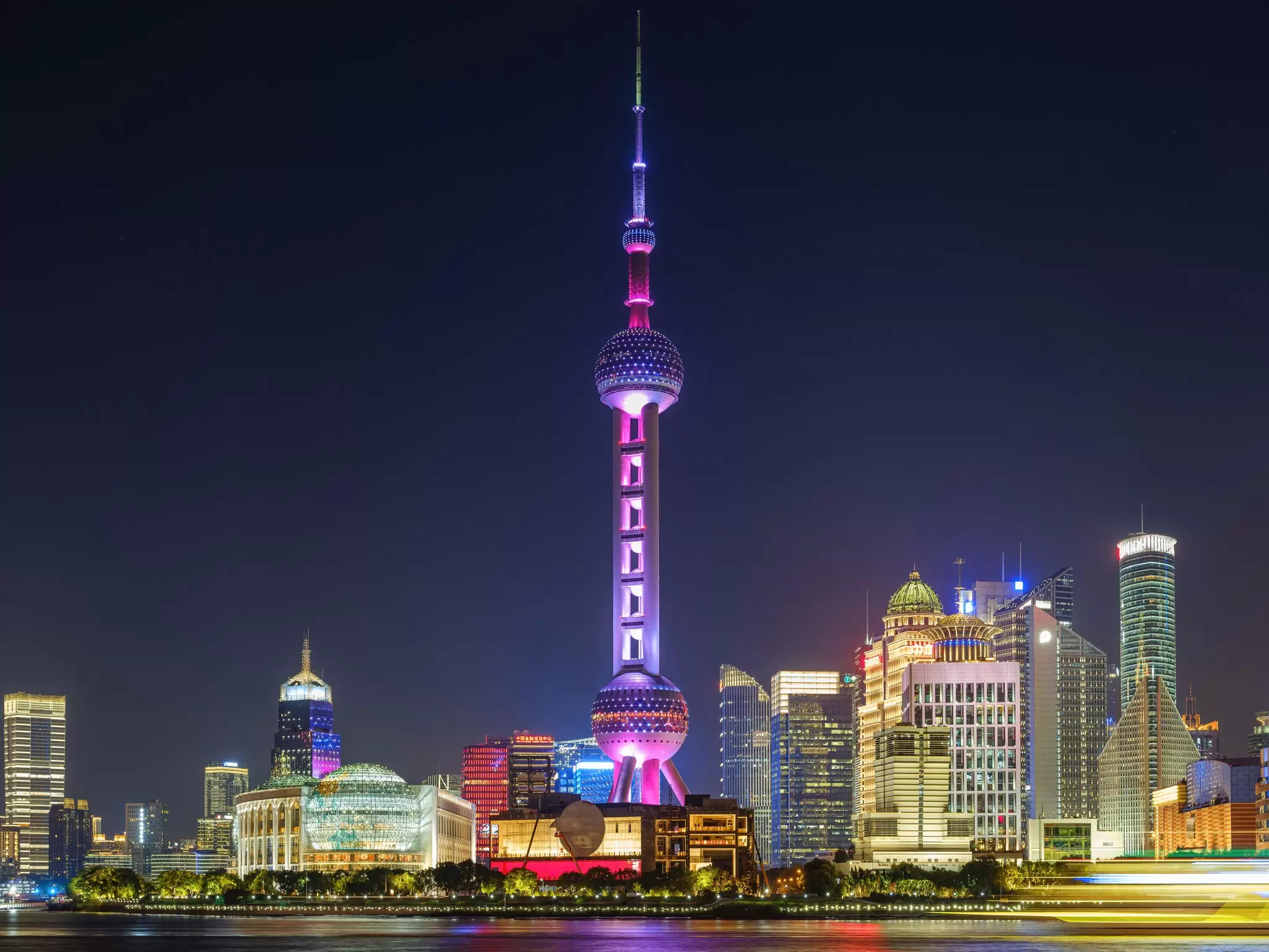 View of the Oriental Pearl TV Tower at night in Shanghai, China.