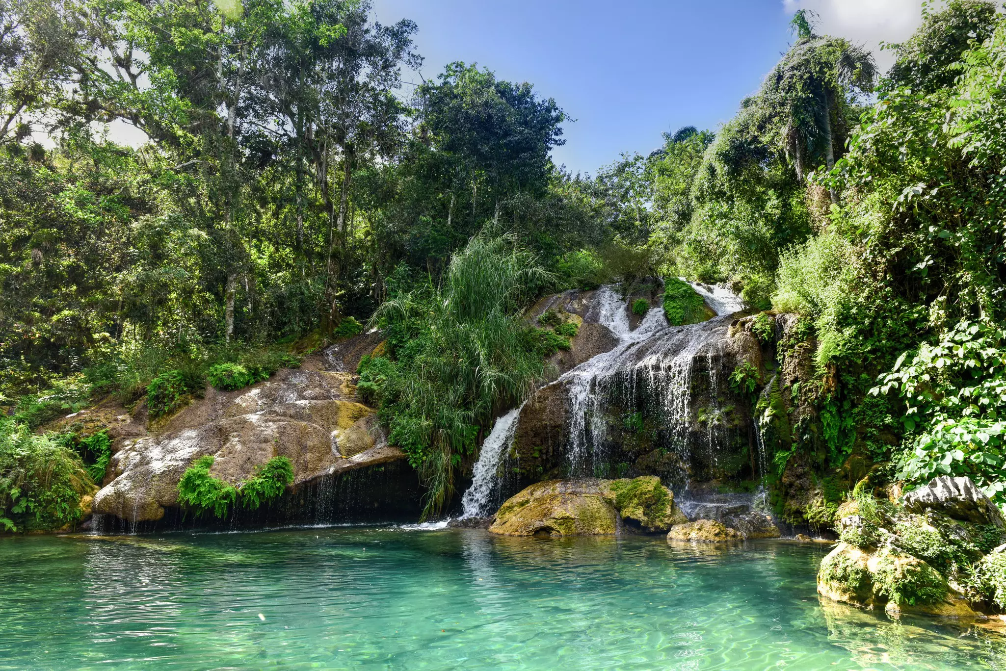 Waterfalls in dense jungle splash down into a blue-green pool.