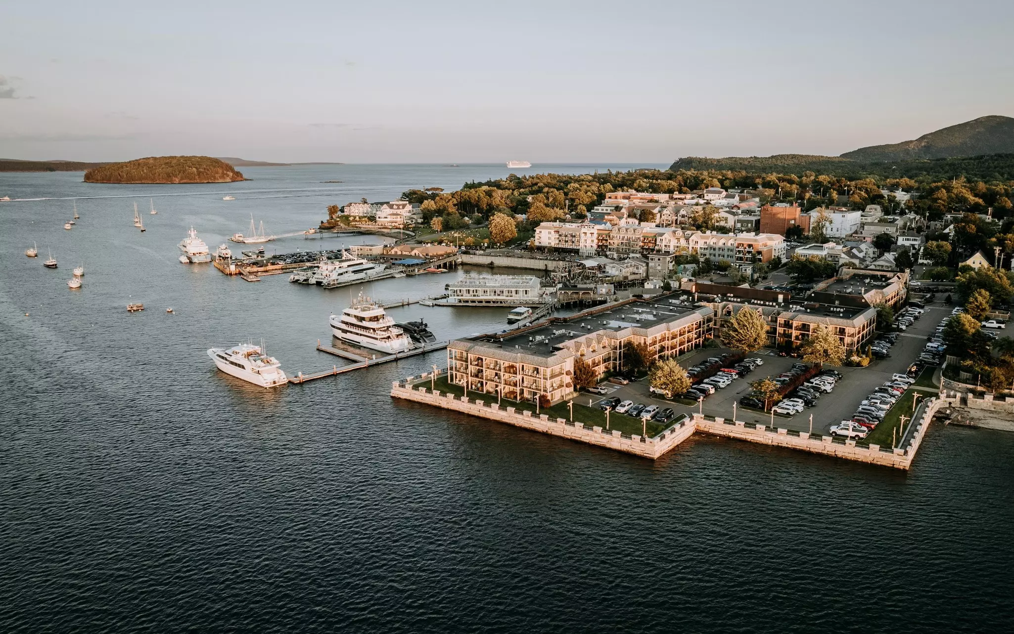 Aerial view of Bar harbor, Maine and Acadia National Park,
