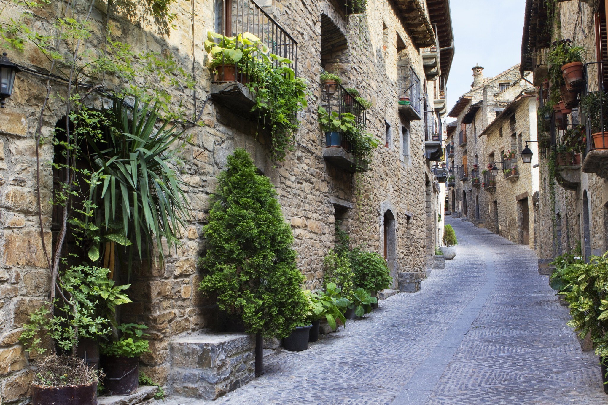 Street in Ainsa, a medieval village in Sobrarbe region, Historical-Artistic Site, Huesca, Aragon, Spain