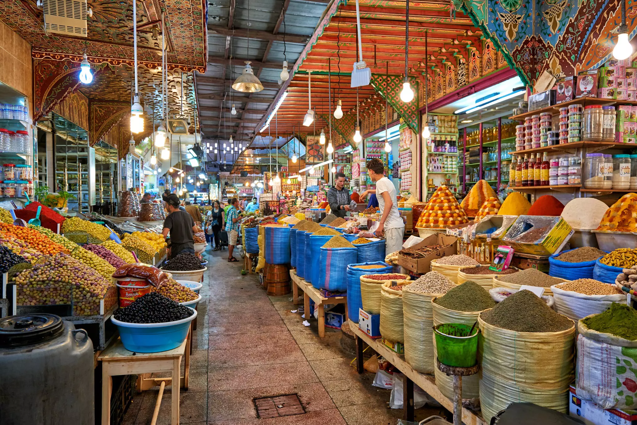 Colorful food stalls in the market in Meknes, Morocco. Juergen Ritterbach/Getty Images