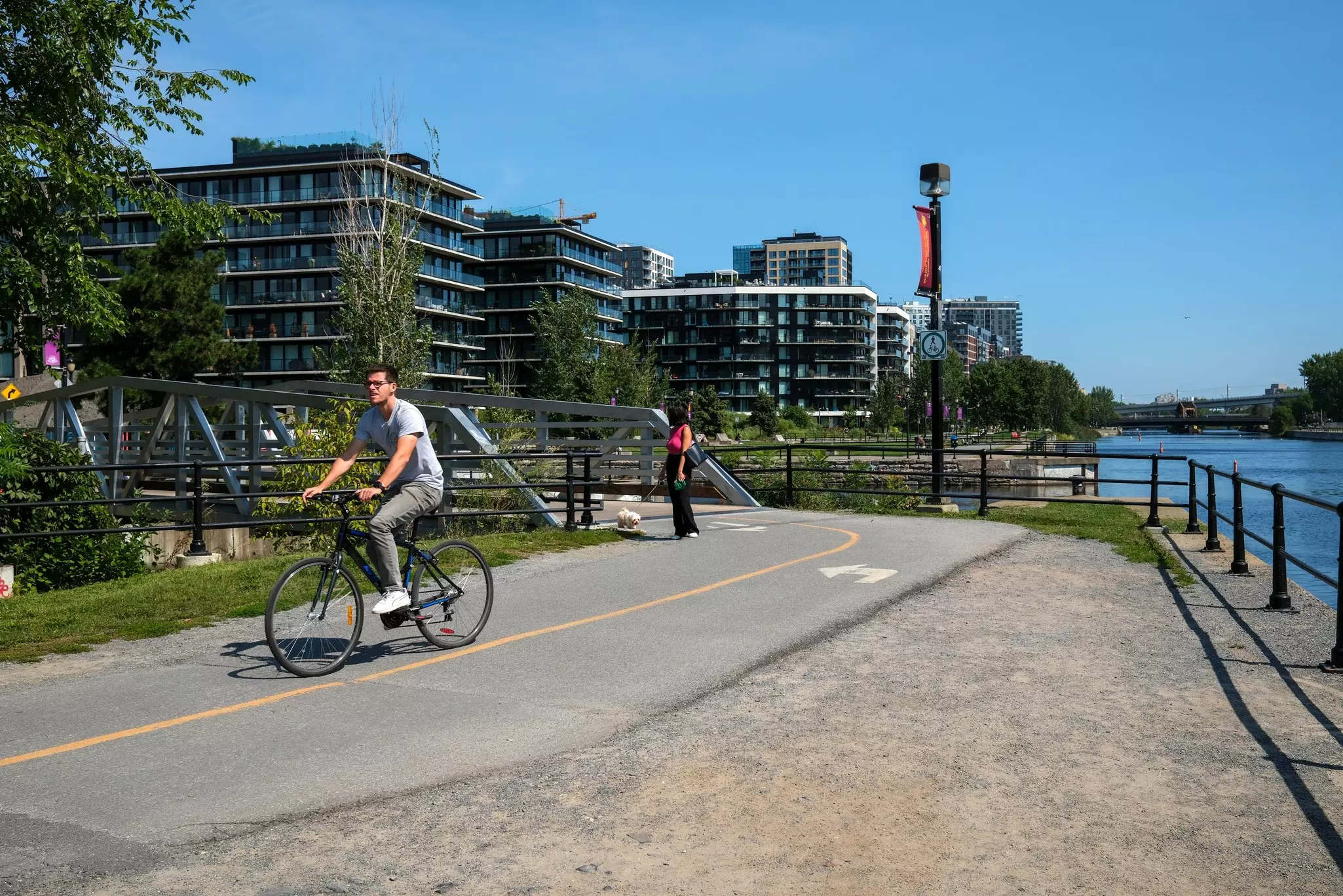 A man on a bicycle follows a bike path along a canal in a city on a sunny day.