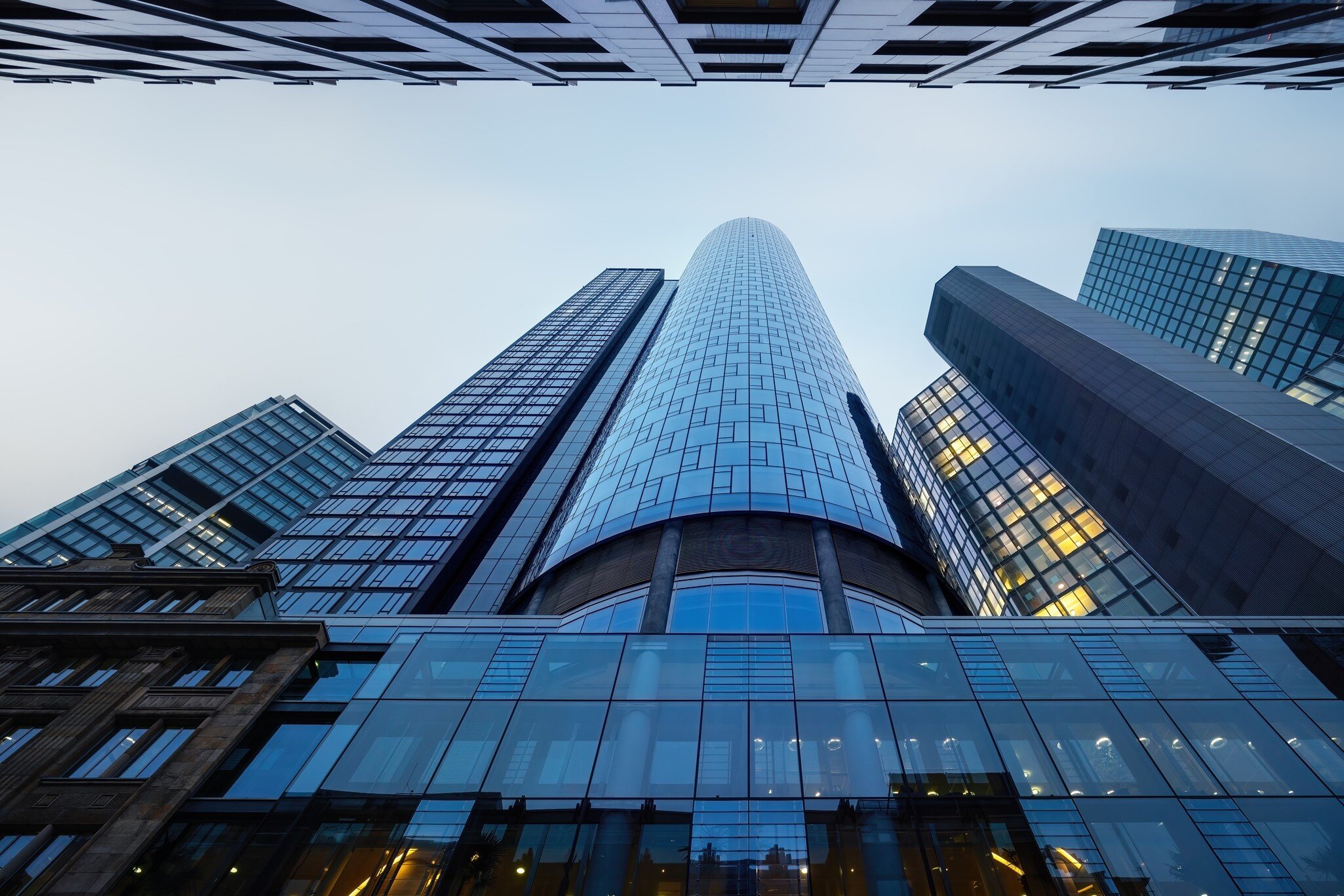 View from the bottom of Frankfurt's iconic modern office building, Main Tower.