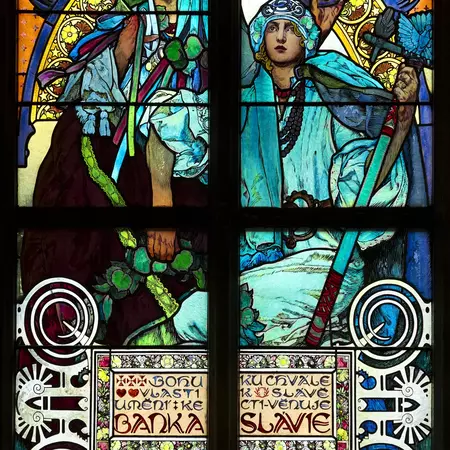 PRAGUE, CZECH REPUBLIC - MARCH 25 Close-up of the Art Nouveau stained glass window by Alfons Mucha, St. Vitus Cathedral, Prague on March 25, 2016  License Type: media  Download Time: 2022-12-01T03:47:01.000Z  User: mvm_lonelyplanet  Is Editorial: Yes  purchase_order:   