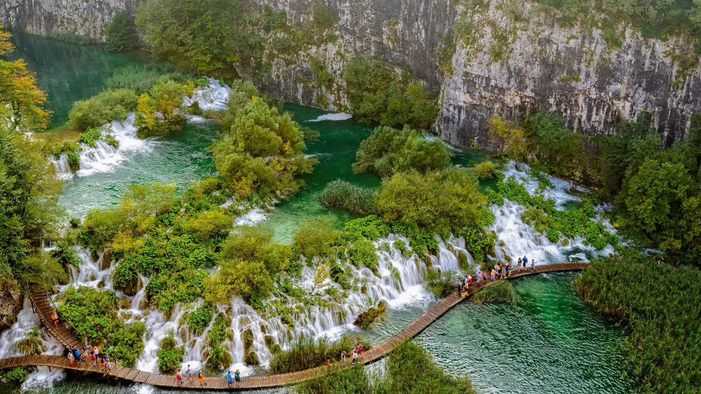 Tourists at a waterfall