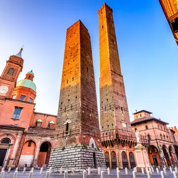 Bologna, Italy - Two Towers (Due Torri), Asinelli and Garisenda, symbols of medieval Bologna towers.