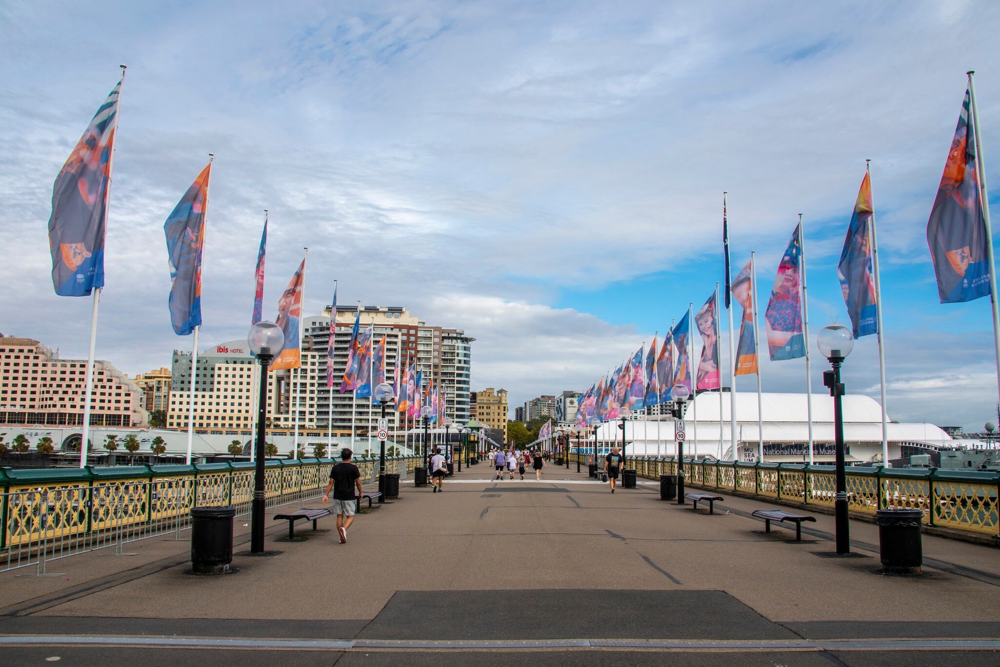 View of Pyrmont Bridge in Darling Harbour,  a harbour adjacent to the city centre of Sydney, New South Wales, Australia.