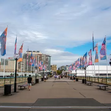 View of Pyrmont Bridge in Darling Harbour,  a harbour adjacent to the city centre of Sydney, New South Wales, Australia.